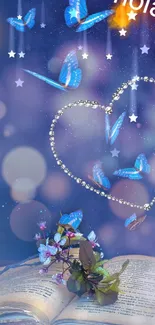 Dreamy wallpaper with blue butterflies and heart.