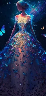 Enchanting lady with glowing butterflies in a vibrant fantasy art design.