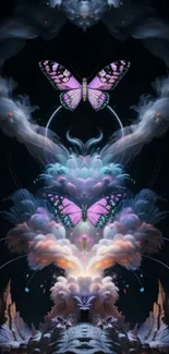 Magical wallpaper with butterflies and clouds in an indigo fantasy scene.