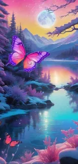 Enchanting purple butterfly over tranquil lake and sunset.