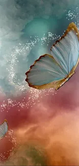 Ethereal butterflies with colorful clouds background.