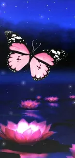 Pink butterfly above glowing lotus in night scene.