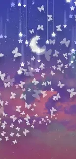 Dreamy night sky wallpaper with butterflies, stars, and a crescent moon.