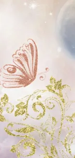 Enchanted butterfly and moonlit sky wallpaper with golden accents.