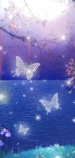 Dreamy night scene with butterflies glowing over a purple landscape.