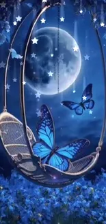 Blue butterflies and moonlit swing in a serene night garden.