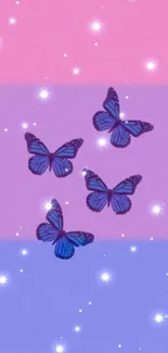 Dreamy pastel wallpaper with butterflies and stars in lavender and pink.