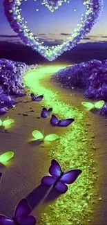 Luminescent butterflies and glowing path under a starlit sky.