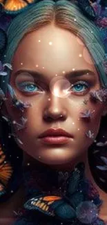 Surreal portrait surrounded by colorful butterflies and vibrant fantasy art.