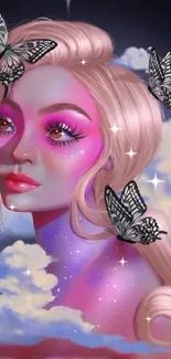 Surreal portrait wallpaper with butterflies and clouds.