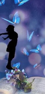 Silhouette among blue butterflies with open book and magical background.