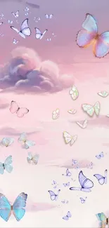 Mobile wallpaper featuring pastel butterflies in a dreamy pink cloudy sky.