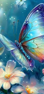 Dreamy butterfly with flowers in vibrant colors on a sky blue background.