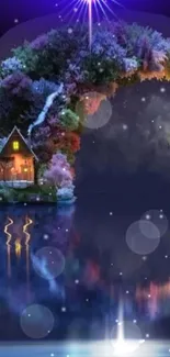 Fantasy cabin by moonlit lake with colorful tree arch.