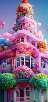 Whimsical house decorated with candy and clouds in a colorful fantasy setting.