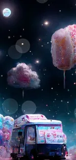 Dreamy candy sky with colorful clouds and an ice cream van.