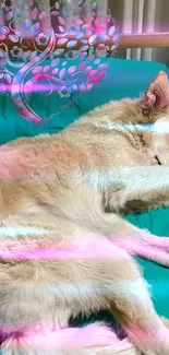 Dog resting on teal bed with decorative tree art.