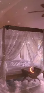 Dreamy canopy bed and serene night scene wallpaper.