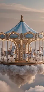 Carousel floating among clouds with pastel blue hues.