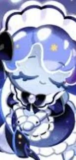 Purple and blue cartoon character in dreamy style.