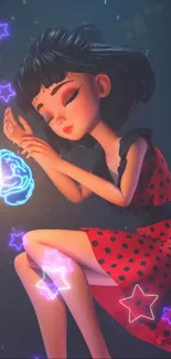 Dreamy cartoon girl in red dress with glowing brain.