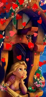 Cartoon girl at tower window with falling red hearts.