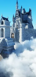 Castle floating above clouds in a fantasy scene.