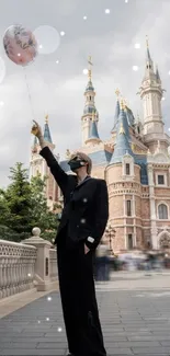 Person with balloon in front of a fairy tale castle.