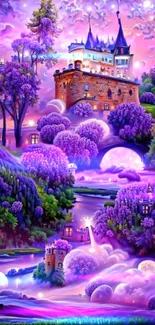 Enchanting castle landscape with vivid purple hues and magical scenery.