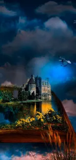 Fantasy castle on floating island with dark blue sky.