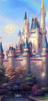 Fantasy castle with blue towers and rainbow in dreamy setting.