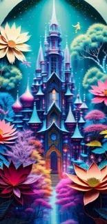 Fantasy castle with vibrant flowers in a colorful, dreamy landscape.