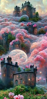 Fantasy castle amidst vibrant pink clouds and blooming garden.