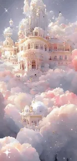 Dreamy castle surrounded by pink clouds, perfect wallpaper.