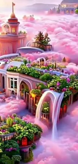 A fantasy castle amidst pink clouds with lush gardens.