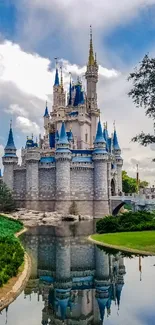 Majestic fairytale castle reflected in a tranquil pond.