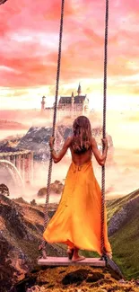 Girl swinging towards a distant castle under a pink-orange sunset.