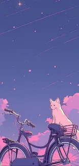 Whimsical wallpaper of a cat on a bicycle under a pink and violet sky.