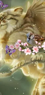 Fantasy cat and bird wallpaper with butterflies and blossoms.