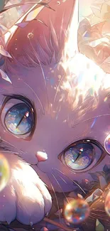 Whimsical cat art with glowing bubbles in dreamy pastel color.