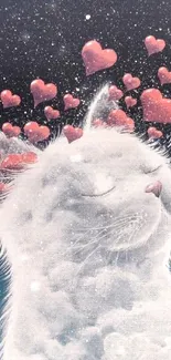 Dreamy cat with hearts in night sky wallpaper.