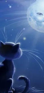 Whimsical cat gazing at the moonlit sky in a serene night illustration.