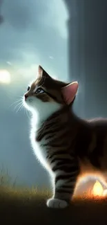 A tabby kitten gazing upwards with a mystical moonlit background.