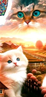 Whimsical landscape with large cats in the sky.