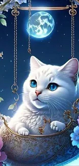 Whimsical white cat on a floral swing under a moonlit sky wallpaper.