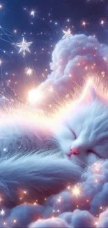 A white cat sleeping in starry clouds.