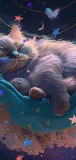 Fluffy cat sleeping in a teal hammock amid a starry, cosmic background with butterflies.