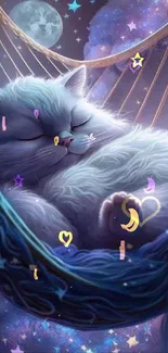 Fluffy cat sleeping in a starry hammock under a dreamy night sky.