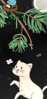 Cat and night sky illustration with moon and tree branch.