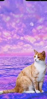 Cat sitting by a dreamy pink and purple ocean under a mystical sky.